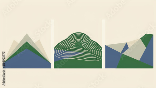 Set of three abstract landscape prints featuring geometric mountain peaks and topographic lines