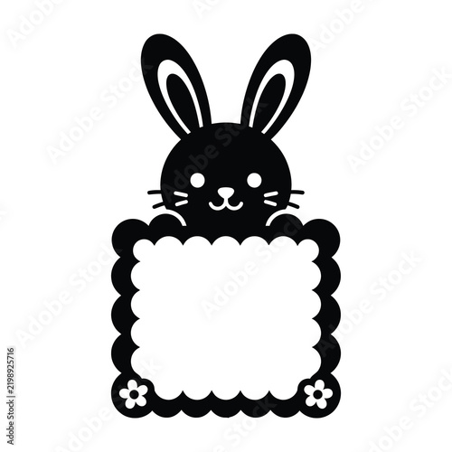Cute Bunny Rabbit Head Icon with Blank Square Frame for Message Text Signage Tag