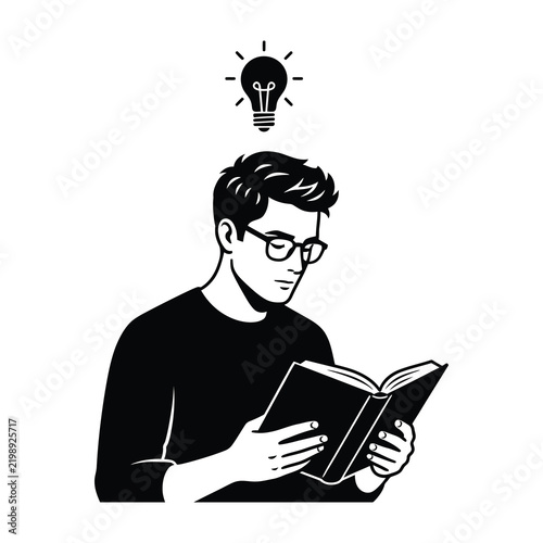 Young man with glasses reading a book with a bright light bulb idea icon above