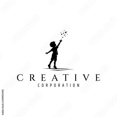 Little Boy Reaching for Shining Stars Silhouette Logo