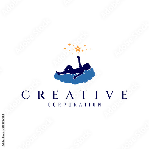 Child Lying on Blue Cloud Reaching for Stars Logo