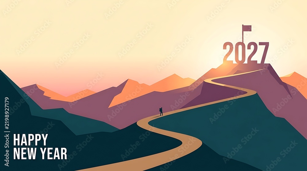 Obraz premium A lone hiker walking on a winding path towards the mountain peak with the year 2027 displayed above