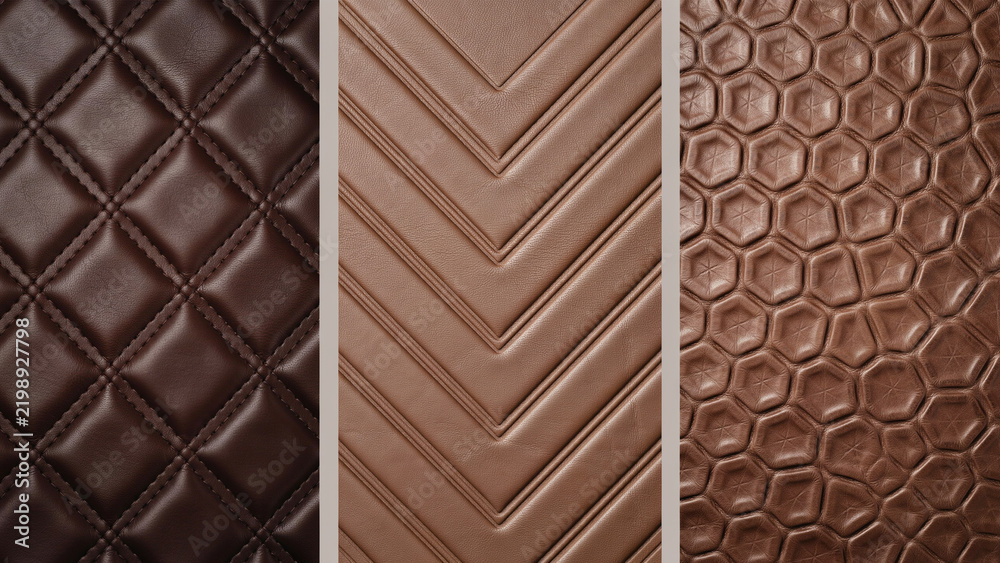 Fototapeta premium Three distinct leather textures featuring quilted diamond, chevron, and hexagonal patterns