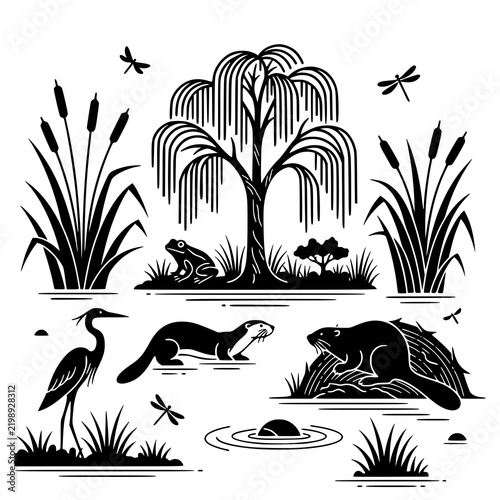 wetland silhouettes with beaver lodge and heron