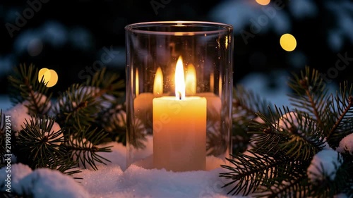 Winter Candle Glow with Pine and Snow.