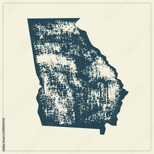 Weathered Georgia silhouette in distressed stencil texture, the shown as a rugged navy cartographic cutout. Vintage map graphic with worn ink grain and bold regional character.