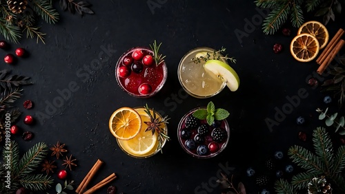 Assorted festive winter cocktails with holiday garnishes on dark background