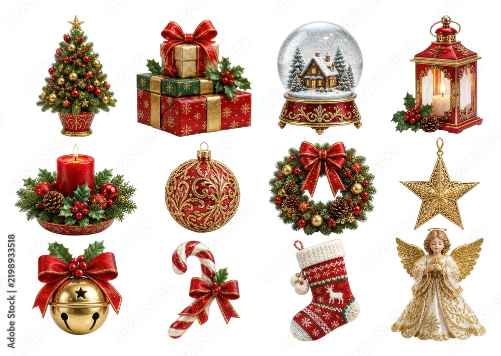 Obraz premium PNG Festive Christmas decoration set with ornaments, gifts, wreaths