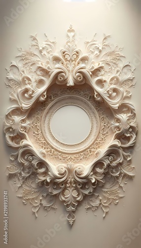An ornate, circular antique lace frame with a central medallion and intricate, swirling lace patterns, in a soft, off-white, with a subtle, shimmering pearl finish, Ai generated image