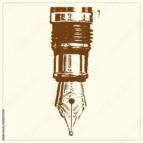Obraz na plátně Weathered nib and grip section rendered in rough stamped brown ink, this old fashioned dip pen tip shows distressed stipple texture