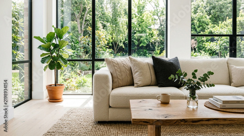 Cozy Modern Living Room with Large Windows, Green Plants and Sofa
