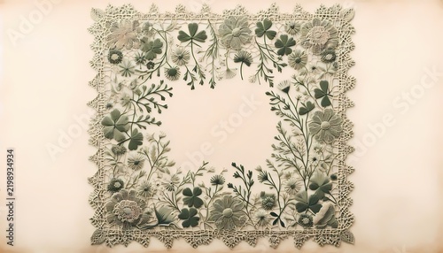 A vintage lace frame with a rustic, slightly uneven shape, featuring a simple, repeating pattern of wildflowers and clover leaves, in a soft, muted sage green, Ai generated image