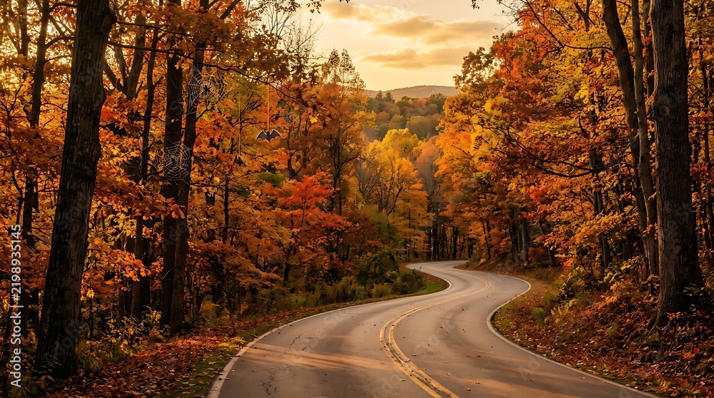 Fototapeta premium Winding Autumn Road Through Colorful Forest at Sunset