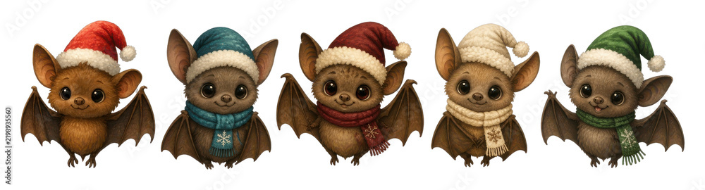 Fototapeta premium Five cute baby bat characters in festive winter hats, PNG transparent background