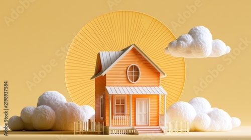A small orange house with a sun and clouds in the background