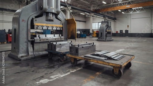 Press tool changeover with the outgoing tool drawn onto a die cart and the next one waiting