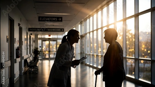 Doctor talking to elderly patient in hospital corridor at sunset with well being