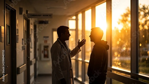 Doctor explaining treatment to patient in hospital hallway at sunset