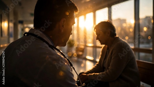 Doctor comforting elderly patient in sunny hospital hallway with medical consult