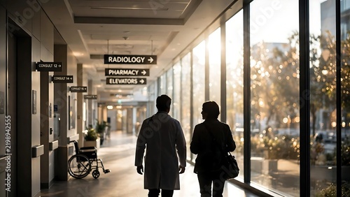 Medical professional and visitor walking through a sunlit hospital hallway