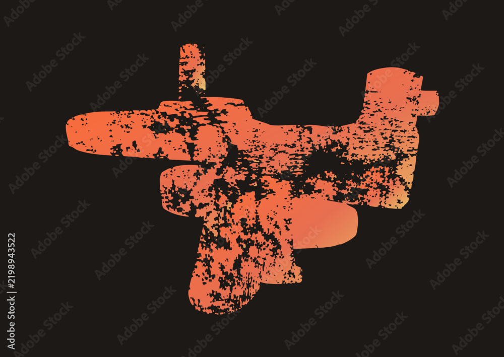 Obraz premium Distressed bomber aircraft in rough stencil texture, vintage warbird silhouette with faded orange gradient. Suits retro aviation prints and rugged military designs.