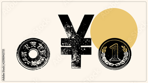 Obraz na płótnie "A distressed yen sign beside an old Japanese mon coin and a laurel one yen piece, backed by a sun disc