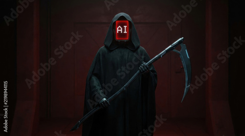 AI job replacement concept with dark hooded figure holding scythe in eerie setting symbolizing future technology impact