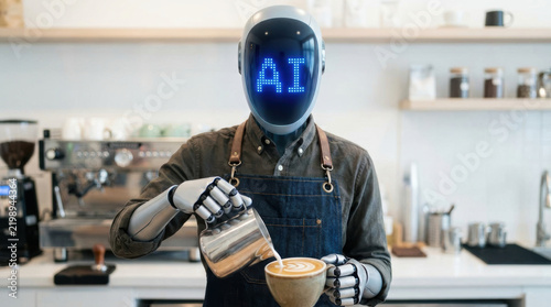 Robot barista coffee latte cafe apron kitchen milk cup artificial intelligence technology service beverage modern machine drink bar coffee shop