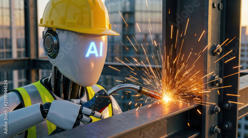 AI robot welding metal on construction site showing job replacement by automation and technology sparks flying