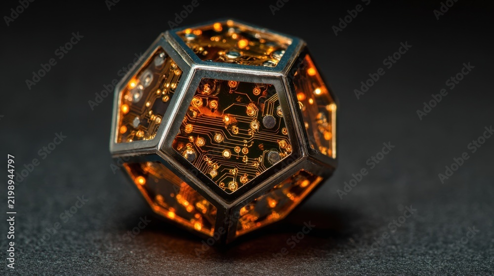 Obraz premium Polished metallic polyhedron with glowing internal circuitry on a dark background, representing advanced technology and innovation.