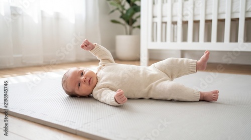 Full length shot of newborn baby in knitted onesie lying on play mat and stretching arms and legs, tummy time and exercise concept.