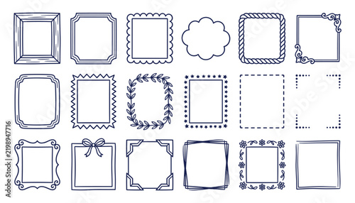 A collection of hand-drawn vector doodle frames and decorative borders in various styles