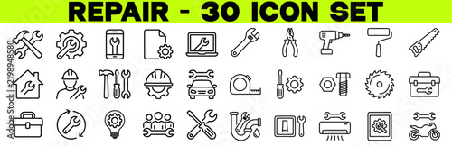 Repair line icon set. Editable stroke. Maintenance, wrench, fixing, service, tools, repairman, construction, toolbox, troubleshoot - stock vector