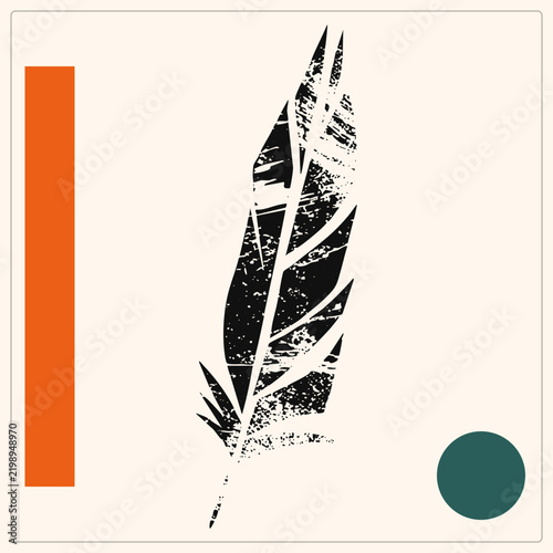 Weathered quill pen rendered as a rough ink stamp silhouette with cracked, speckled texture. This distressed feather glyph pairs rustic craft charm with bold graphic punch, ideal for tattoo inspired