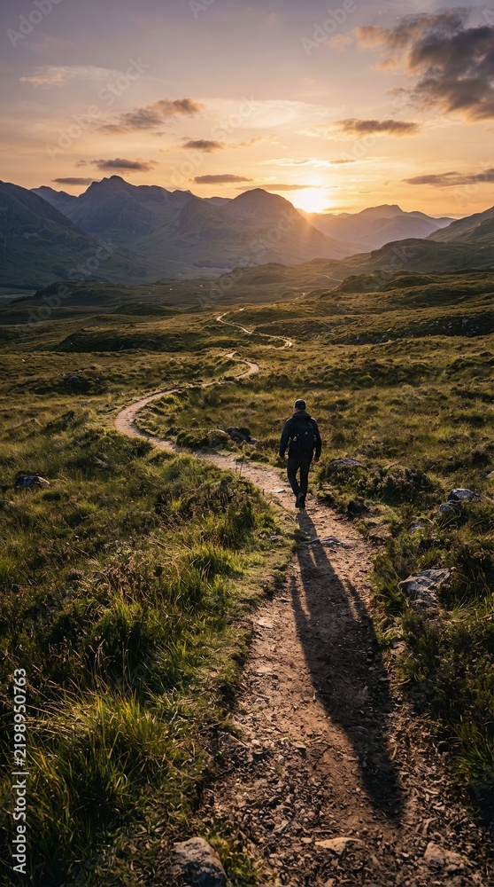 Fototapeta premium Lone Hiker Walks on Winding Path Through Grassy Valley Towards Mountain Sunset.