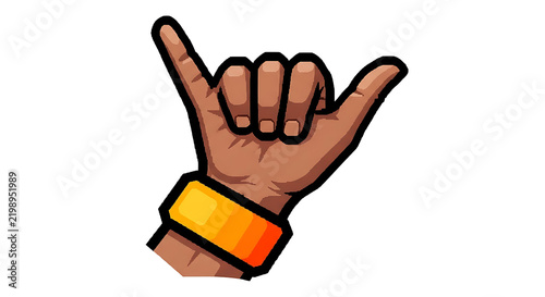 Gesture Surfer Vector Cartoon of a Darkskinned Hand Making the Shaka Hang Loose Sign with a Vibrant Yellow Wristband on a White Background