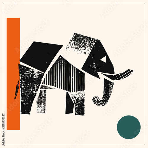 Stylized elephant built from torn geometric fragments in grunge linocut style, mixing striped, stippled and solid black shapes beside a bold orange bar and teal circle accent.