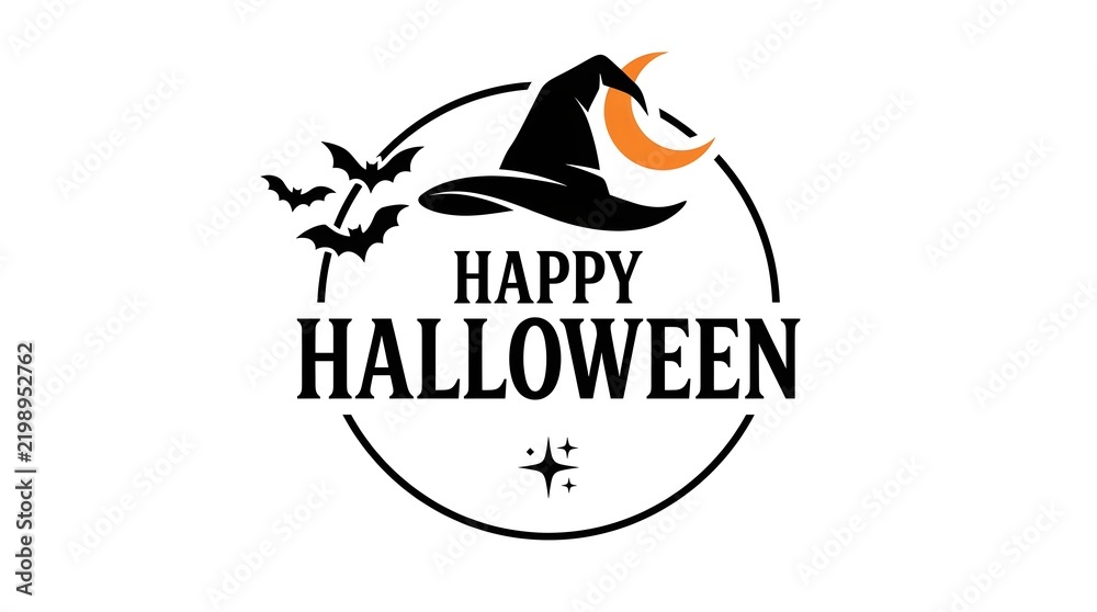 Fototapeta premium A vintage halloween graphic design with a witchs hat a carved pumpkin flying bats and cheerful festive wording inside a circular badge