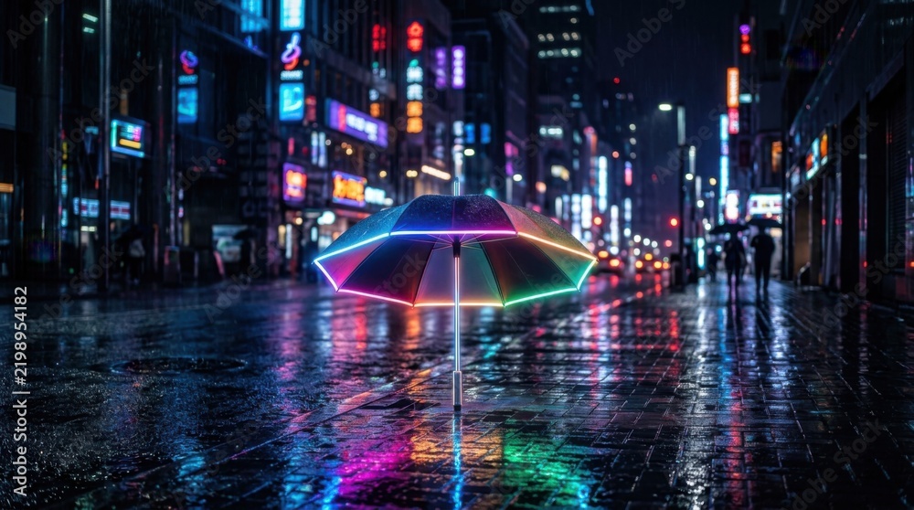 Obraz premium Glowing Neon Umbrella Reflecting City Lights on Wet Street at Night
