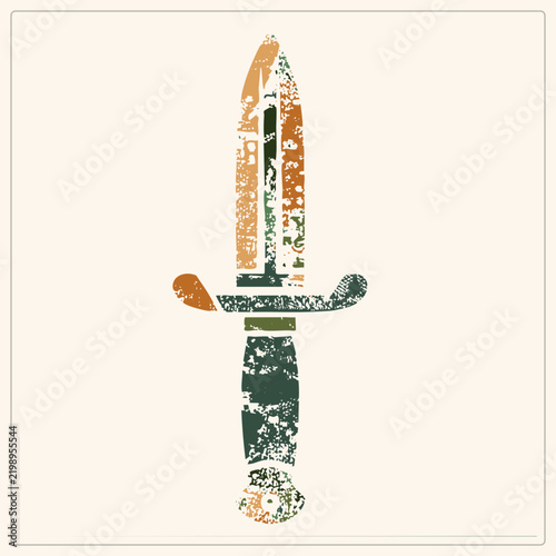 Konstfotografi Grunge stencil dagger with weathered texture, an old school blade (pig sticker/dirk) in rustic rust and olive tones