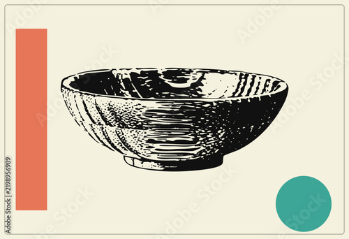 Konstfotografi Rustic wooden bowl in vintage engraving style, with hand hewn grain like a carvers trenched vessel or kasa