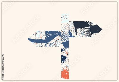 Weathered fingerpost with two arrows pointing opposite ways, distressed stipple texture. Rustic wayfinding signboard blending navy, orange and cream speckles for a vintage travel mood.
