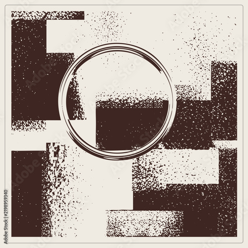 Foto Weathered rubber stamp texture with hand drawn circle ring over rough speckled rectangles