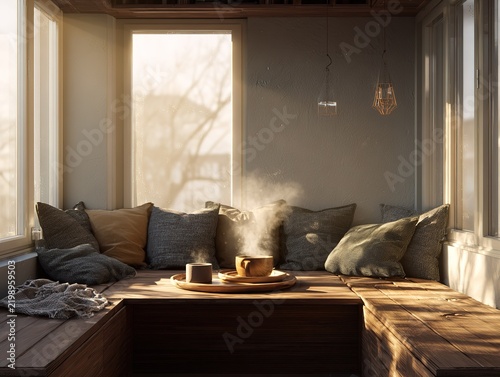 Cozy sunlit balcony seating area with steaming beverage and pillows