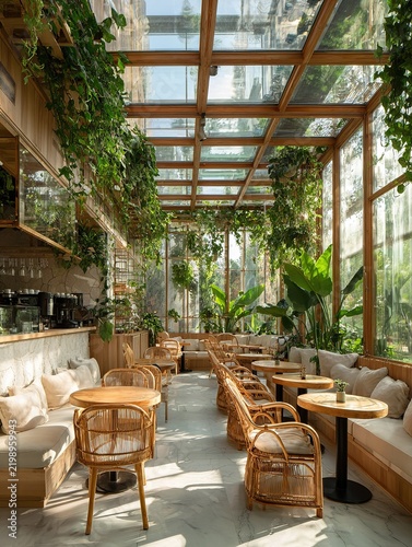 Sunlit greenhouse cafe interior with lush plants and rattan furniture