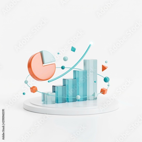 Translucent blue bar chart with a pie chart and upward growth curve financial data business statis