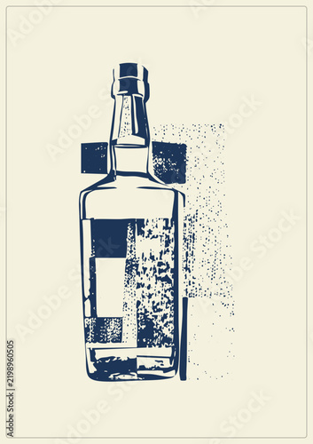 Whiskey bottle in grunge stencil style, speckled silhouette splattered with distressed texture. This vintage screenprint of a spirit flask suits bold retro packaging and bar decor.