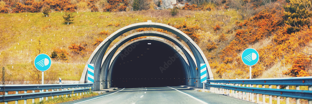 Fototapeta premium Entrance to the tunnel on a mountain road. Driving a car on a mountain road