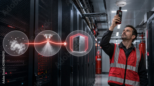 Engineer calibrating data center fire sensor