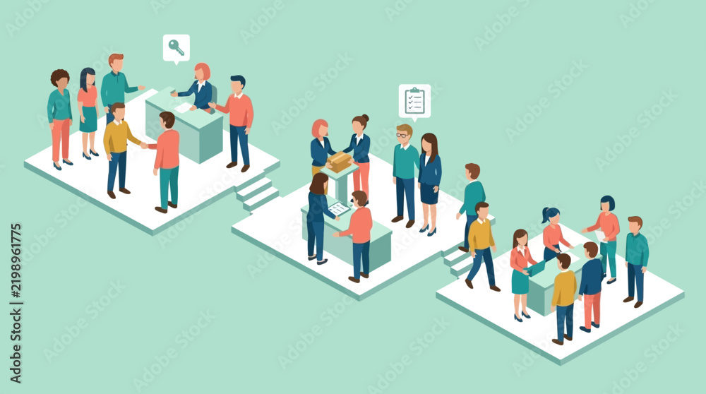 Fototapeta premium Isometric illustration of diverse people in business and social settings.